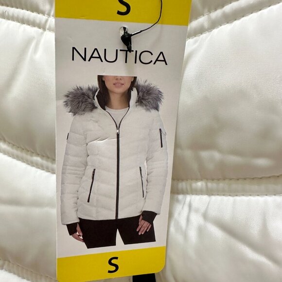 New Nautica Women's Puffer Jacket Size S White Water Resistant Faux Fur Hood - Picture 2 of 15